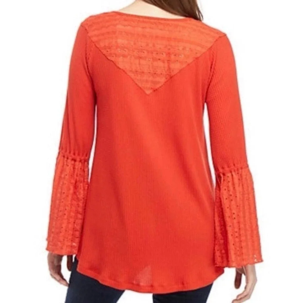 Free People NWT Boho Bell Sleeve Waffle Textured Blouse Orange Parisian Size XS